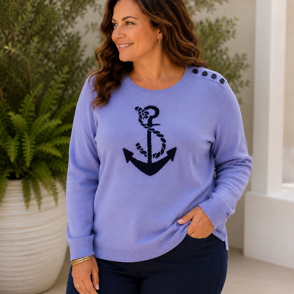 Talbots Womens Sweater Blue Nautical Anchor Crewneck Shoulder Buttons SZ 2XP
